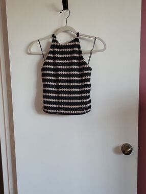 Express Black and Cream Striped Halter Crop Top